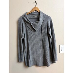 Soft Surroundings Cowl Neck Sweater PM Gray Waffle Knit Button Lagenlook